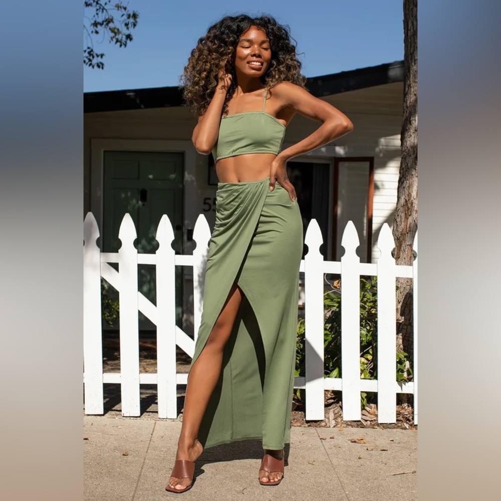 All the Attention Olive Green Two-Piece Maxi Dress